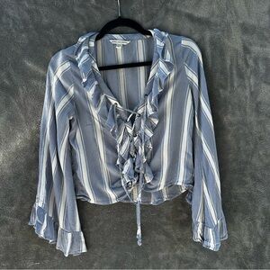Striped Ruffle Blouse in Blue and White-American Eagle
